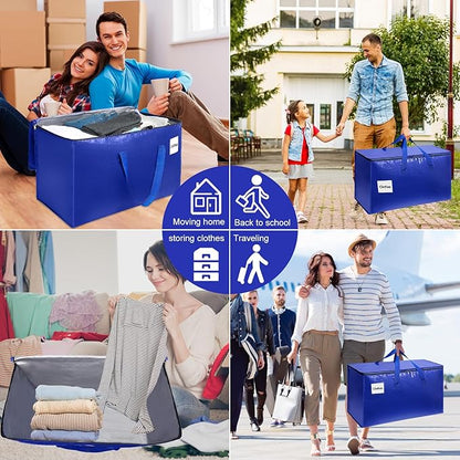 4 Pack XL Heavy Duty Moving Bags with Reinforced Stitching & Smooth Dual Zippers, Large Capacity Storage Totes for Clothes, Closet, Travel & Home Organization, Blue