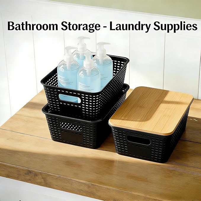 6-Pack Stackable Plastic Woven Storage Baskets with Lids, Hollow Out Weave Bins with Handles + 2 Kraft Labels (BlackBasket-BambooLid)