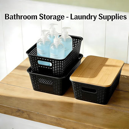 6-Pack Stackable Plastic Woven Storage Baskets with Lids, Hollow Out Weave Bins with Handles + 2 Kraft Labels (BlackBasket-BambooLid)