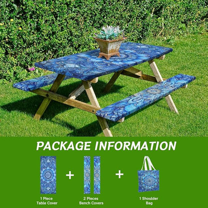 Blue Mandala Picnic Table Cover with Bench Covers and Carrying Bag, Vintage Boho Floral Rectangle Table Cover Outdoor Patio Camping Essentials 72 inch 4PCS Camping Fitted Tablecloth