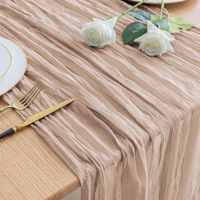 Asee'm Cheesecloth Table Runner 120 Inches Long Nude Pink Boho Gauze Cheese Cloth Runner 10FT Rustic Sheer Fall Table Runners for Thanksgiving Christmas Wedding Party Baby Shower Decoration