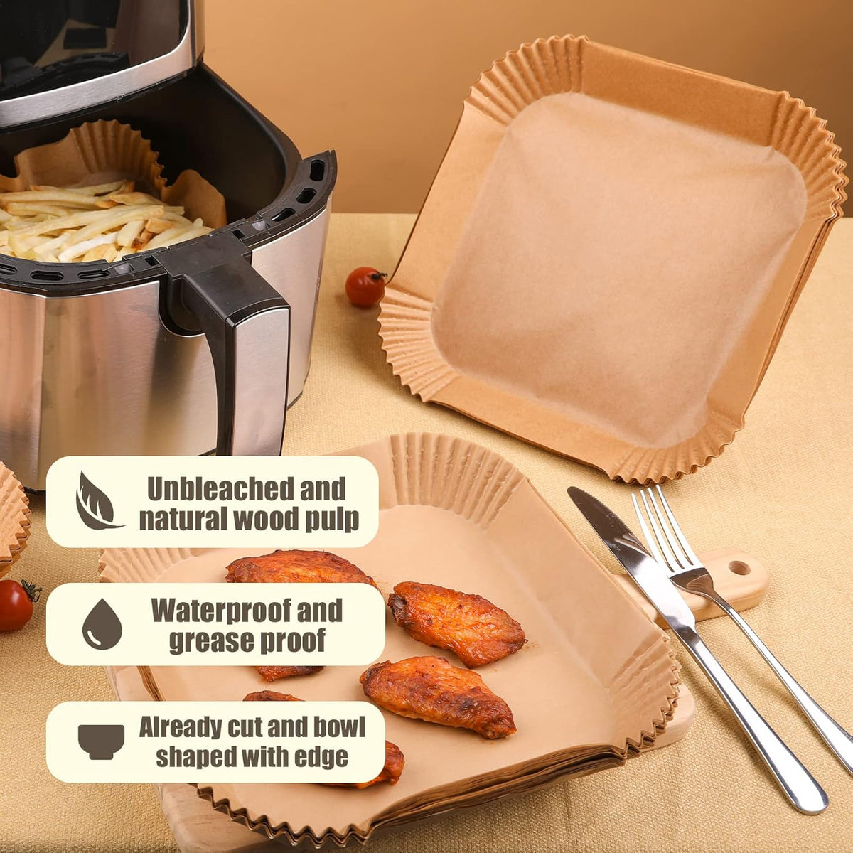 Disposable Paper Liner Square 250 Pcs for 2 to 5 Qt Air Fryer Baskets, Non-stick Oil-proof Parchment Liner Cooking Paper