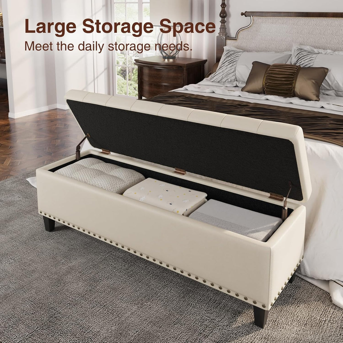 Storage Ottoman Bench, 51-Inch Large Storage Bench for Bedroom End of Bed, 30 Gallons Faux Leather Bench for Bedroom, Living Room, Entryway, Hallway, Cream White