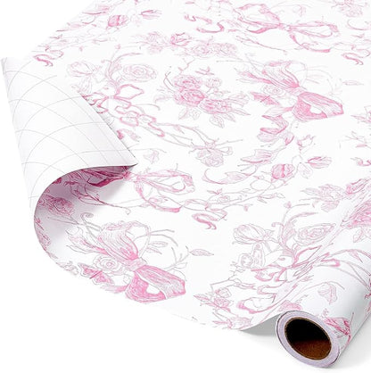 WERNNSAI Pink Bow Floral Wrapping Paper - 1 Roll 17”x 33 ft Vintage Flower Gift Wrap Paper Pink Bow Princess Gift Packing for Girls Bridal Shower Wedding Coquette Birthday Party Favor