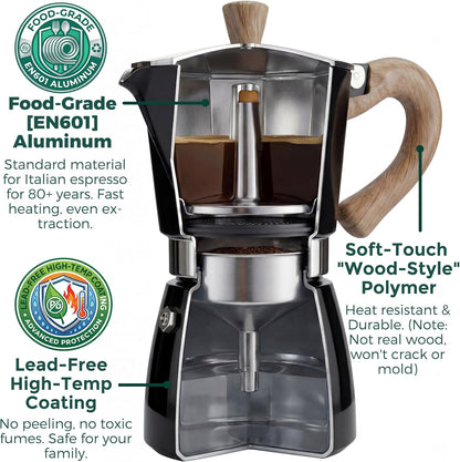 AGOGO Moka Pot Stovetop Espresso Set &amp; Cuban Coffee Maker 6-Cup/300ml Black | Upgraded anti-snap grip, Home &amp; camping greca percolator, 100 filters for sediment-free brew, Brush &amp; towel gift set