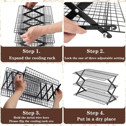 Pleafind 3 Tier Collapsible Cooling Rack - 3 Setting Design, Adjustable ＆ Stackable Baking Rack, 5 Modes Cooling Racks for Cooking and Baking, Roasting ＆ Grilling Gifts for Picnic Party