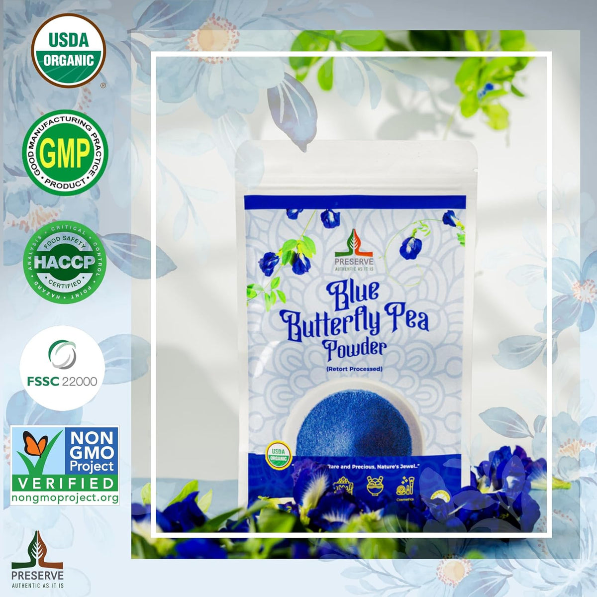 Pure Butterfly Pea Flower Powder, 100% Pure Natural Food Coloring, Non-GMO, Vegan, Retort Processed, Antioxidant-Rich, Blue Lotus Flower Powder