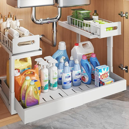 1 Pack Expandable Under Sink Organizers Storage With Upgrade Ball-Bearing Slide Tracks,2-Tier Pull Out Under Cabinet Organizer Height Adjustable,Not Suitable For Cabinets With Partitions In The Middle