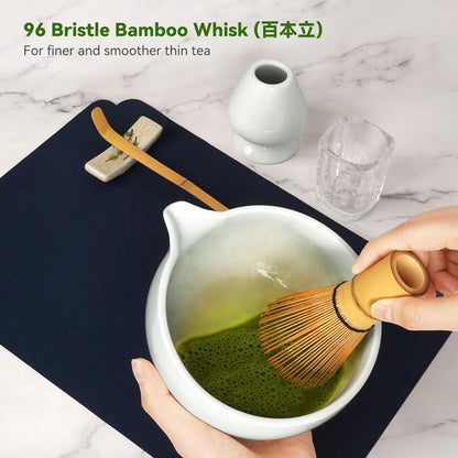 Matcha Tea Set 10-Pcs Kit, Whisk and Bowl with Spout & Measuring Spoon, Japanese Tea Making Tools, Grey