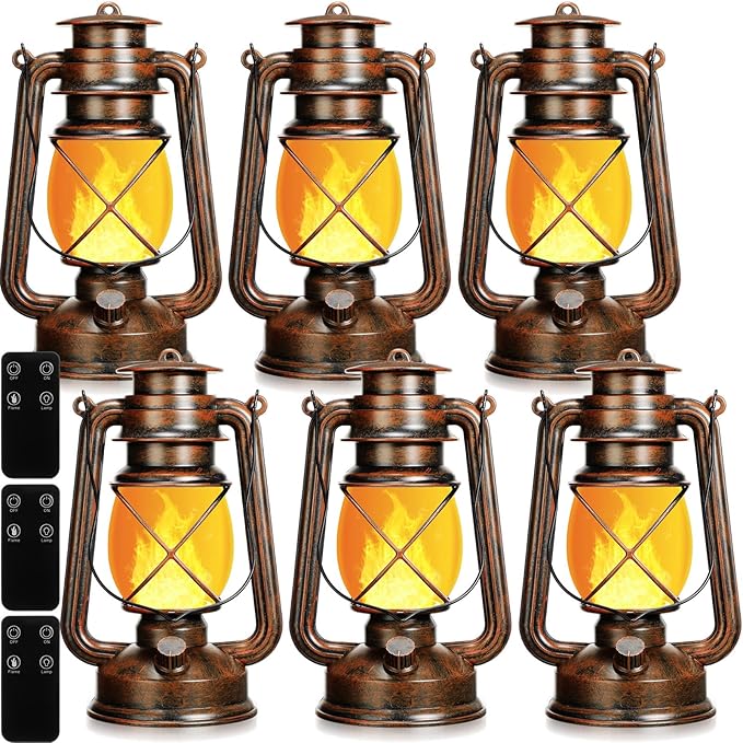 Retisee Vintage LED Lantern Battery Powered Camping Lamp Indoor Outdoor Hanging Lantern Flickering Fire Lamps with Remote Control for Patio Yard Door Front Decor(6 Pcs)