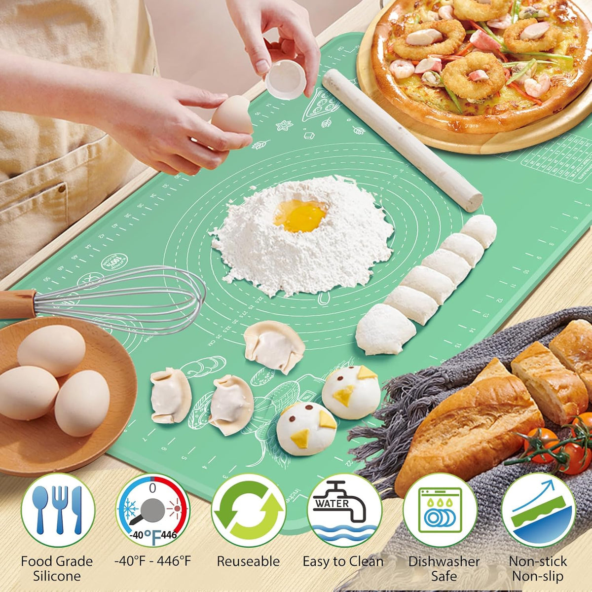 Silicone Pastry Mat 32" x 24" Extra Thick Non Stick Baking Mat with Measurements and Edge Heightening, Food Grade Silicone Rolling Mat for Pastry
