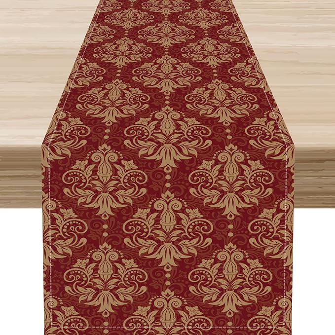 Red Damask Table Runner, Rustic Gothic Baroque Style Floral Boho Flower Antique Coffee Vintage Retro Table Center Decor for Kitchen and Dining Outdoor Home Country Party Table Decorations, 13"x36"