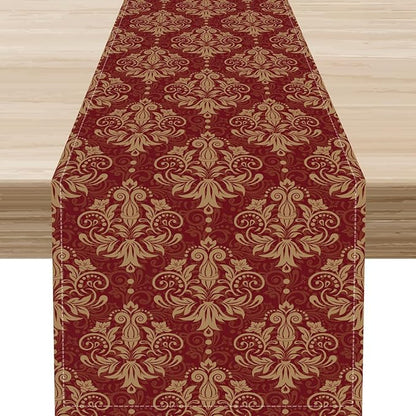Red Damask Table Runner, Rustic Gothic Baroque Style Floral Boho Flower Antique Coffee Vintage Retro Table Center Decor for Kitchen and Dining Outdoor Home Country Party Table Decorations, 13"x90"