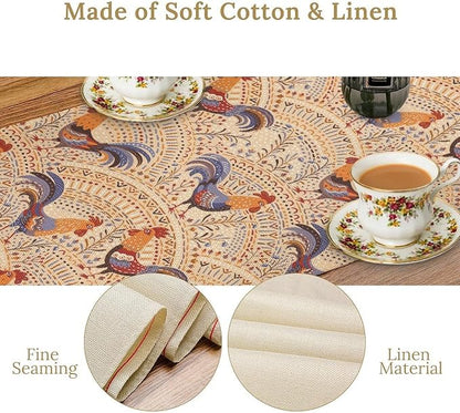 Cute Roosters Table Runner, Boho Rustic Cock Chicken Vintage Arch Floral Plants Print Table Cover for Holiday Kitchen Dining Table Indoor Outdoor Home Party Decor, 13x60inch