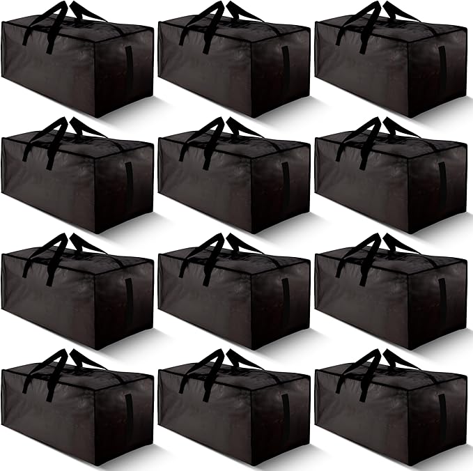 HOMESURE 12 Pack Large Strong Moving Bags with Zippers & Carrying Handles - Water-Resistant - Heavy Duty Storage Tote for Space Saving Moving Storage, Fold Flat, Alternative to Moving Box (Black)