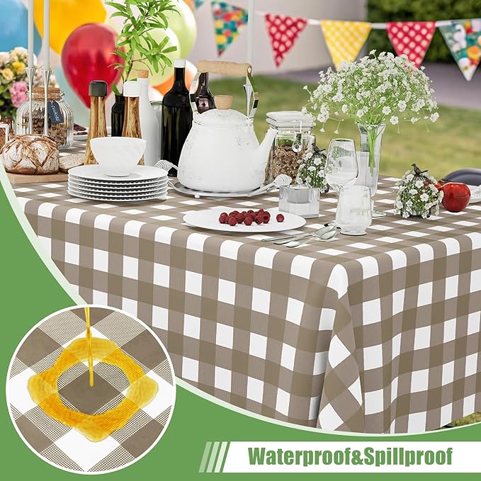Smiry 3 Pack Khaki Gingham Disposable Tablecloths - 54" x 72" Heavy Duty Plastic Table Cloth, Waterproof Buffalo Plaid Table Covers for Picnic, Banquets, Outdoor Parties