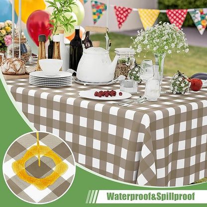 Smiry 3 Pack Khaki Gingham Disposable Tablecloths - 54" x 72" Heavy Duty Plastic Table Cloth, Waterproof Buffalo Plaid Table Covers for Picnic, Banquets, Outdoor Parties