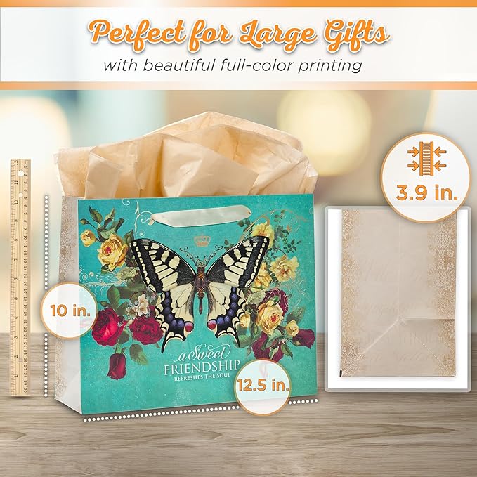 Christian Art Gifts Large Landscape Scripture Gift Bag for Women & Friends w/Card & Tissue Paper Set: Sweet Friendship - Prov. 27:9 Inspirational Bible Verse, Butterfly Multicolor Floral, Teal & Gold
