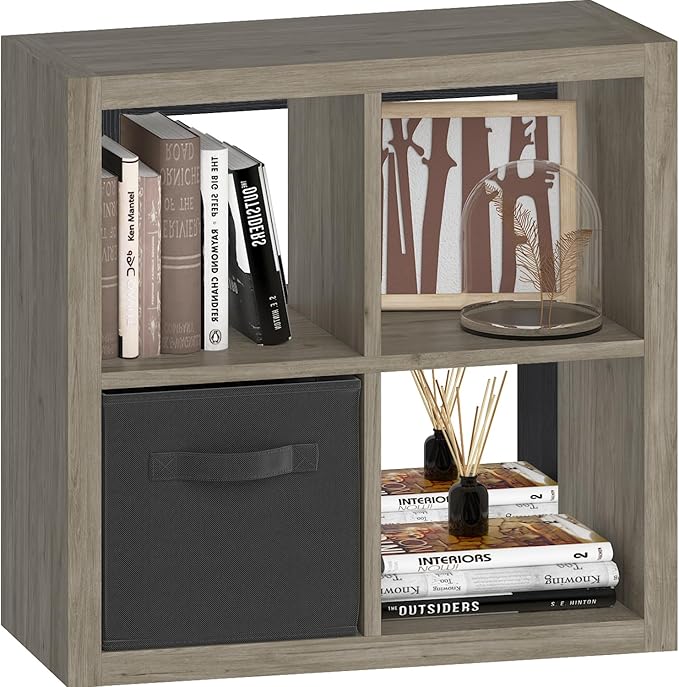 4 Cube Organizer, Cube Storage Organizer with Fabric Bin, Cube Storage Shelf for Bedroom, Living Room, Office, Modular Bookshelf Organizer for Books, Closet, Gray Oak
