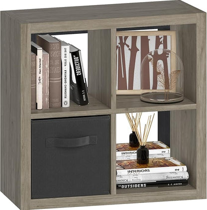 4 Cube Organizer, Cube Storage Organizer with Fabric Bin, Cube Storage Shelf for Bedroom, Living Room, Office, Modular Bookshelf Organizer for Books, Closet, Gray Oak