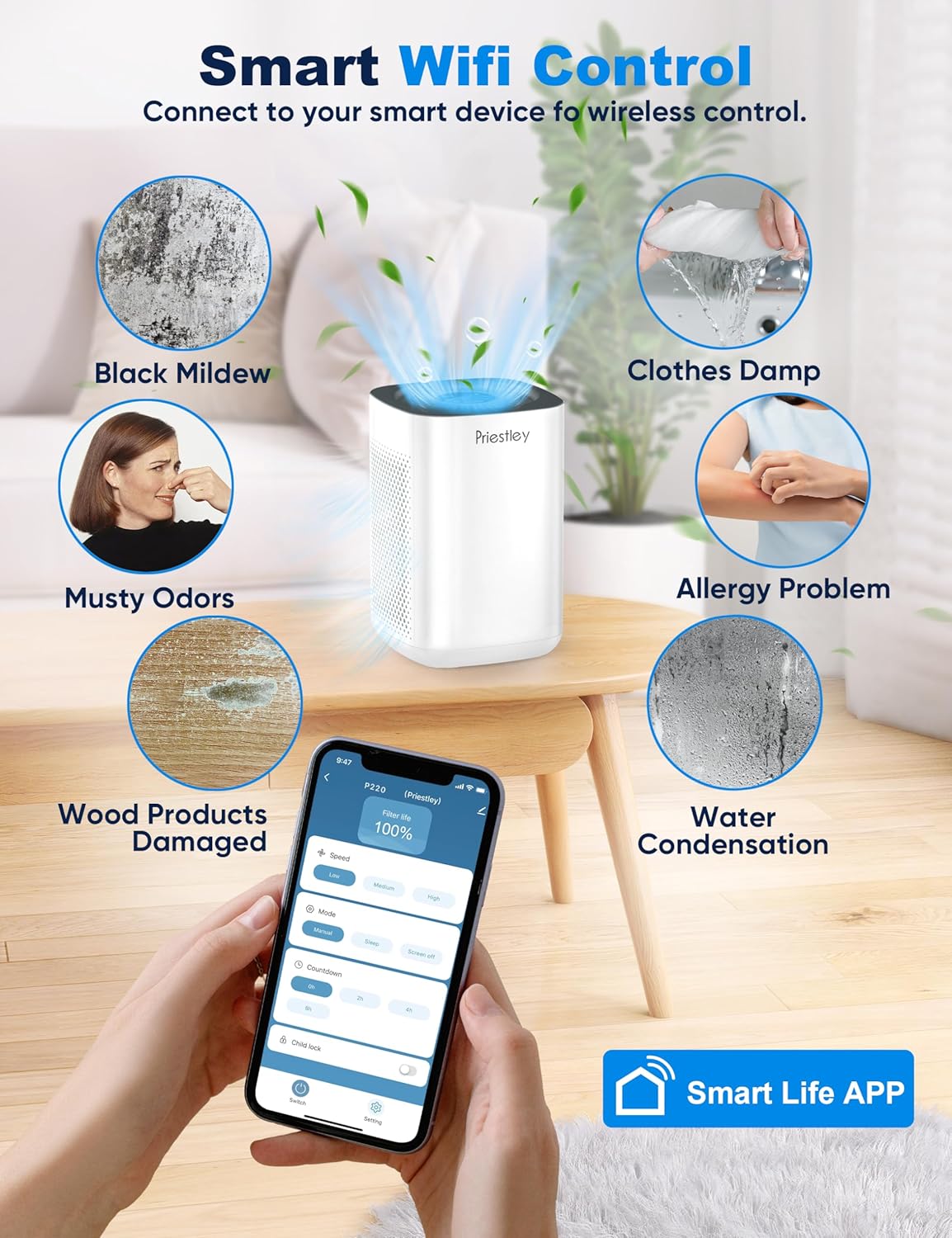 Priestley Air Purifier for Bedroom, Home, Dorm Up to 1100Ft², Smart WiFi Air Purifiers, 3-in-1 Air Filter with HEPA Sleep Mode, Remove Dust Smoke Pollutants Odor Pet Dander