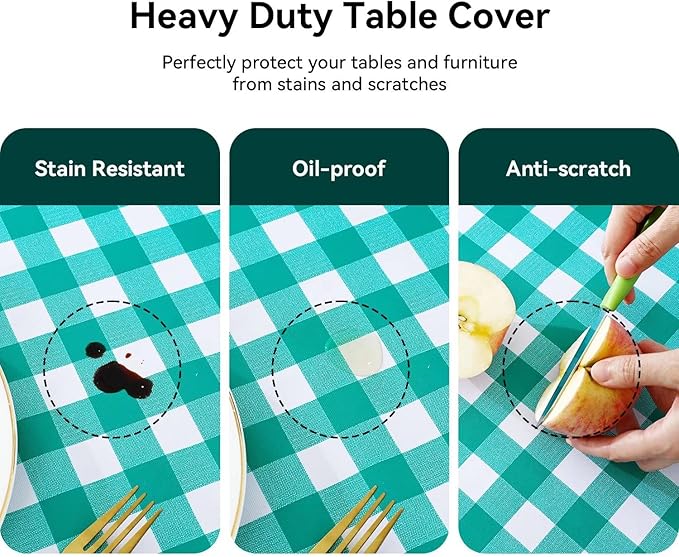 Romanstile Rectangle Vinyl Tablecloth, 100% Waterproof Buffalo Gingham Plastic Table Cloth, Heavy Duty Wipeable Checkered Table Covers for Outdoor, Camping, Picnic, Patio - 60 x 84, Teal Green