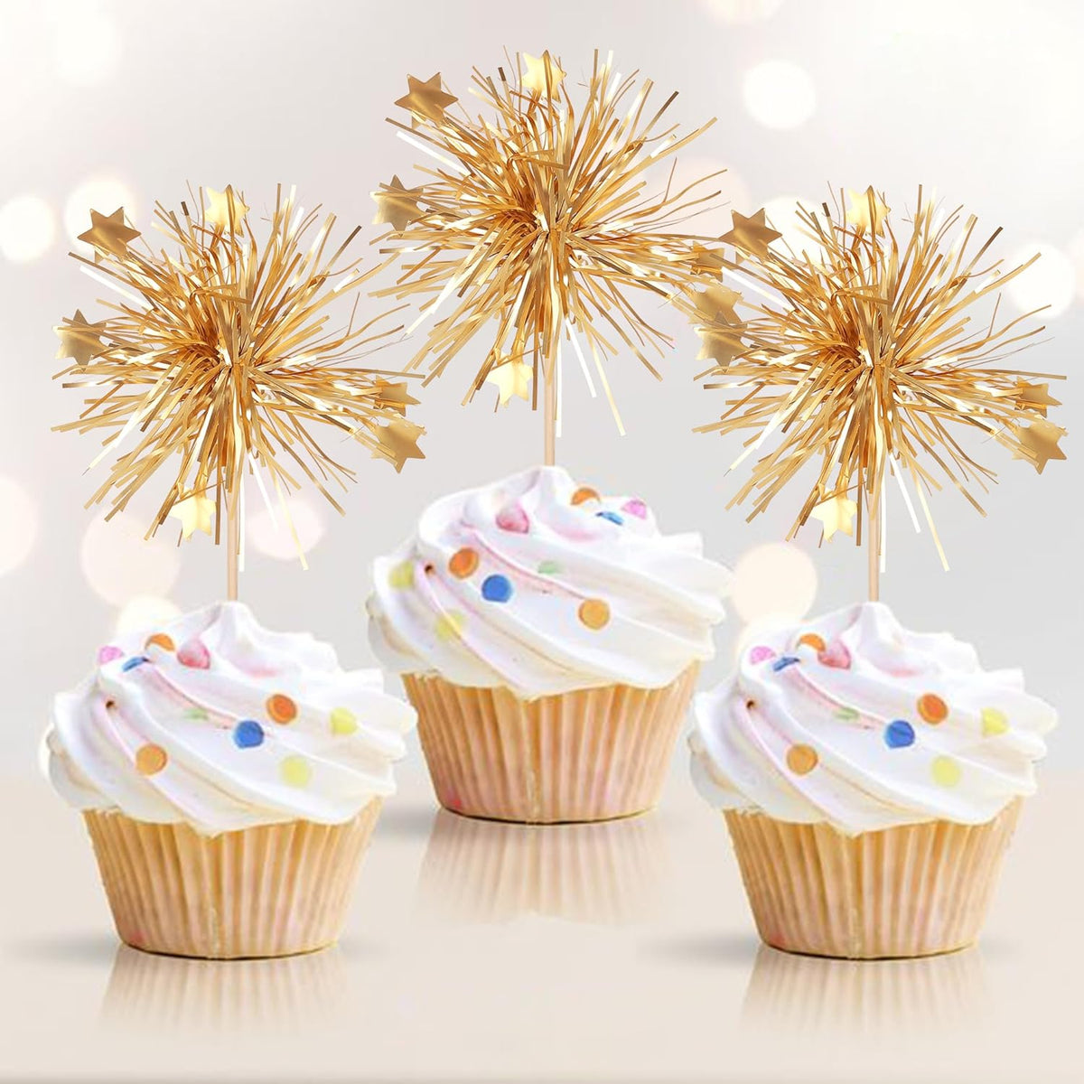 30 PCS Foil Firework Cupcake Toppers Happy Birthday Cake Toppers Star Sparkle Tinsel Flower Drink Stirrers Cocktail Fruit Toothpicks for Valentine's