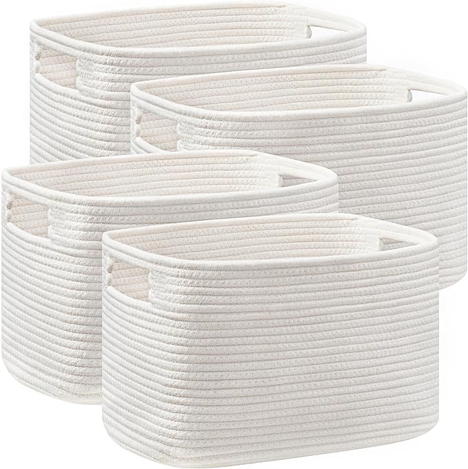 UBBCARE 4 Pack Storage Baskets for Organizing, Shelf Baskets with Handles, Woven Storage Baskets for Bookcase/Cube Shelf/Closet, 14.5"L x 9.8"W x 9"H, White