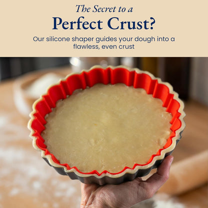 Patz&Patz Fluted Tart Pan 9 Inch Removable Bottom with Patented Silicone Crust Shaper, Nonstick Carbon Steel Quiche Baking Dish