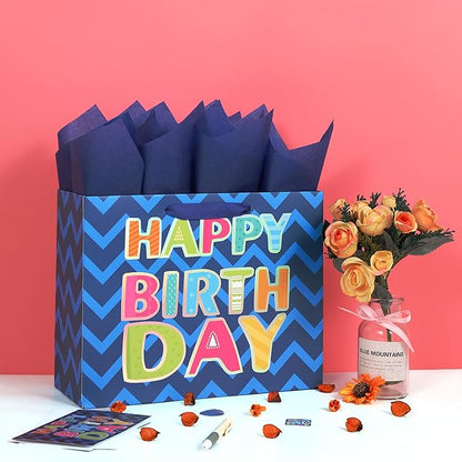 Qirrmiy 13" Large Blue Gift Bag Set with Greeting Card and White Tissue Papers (Laser Foil 'Happy Birthday') for Men's Birthday Party, Boys' or Kids' Parties, Baby Boy - 13”x5.2”x10.2”, 1 Pcs.