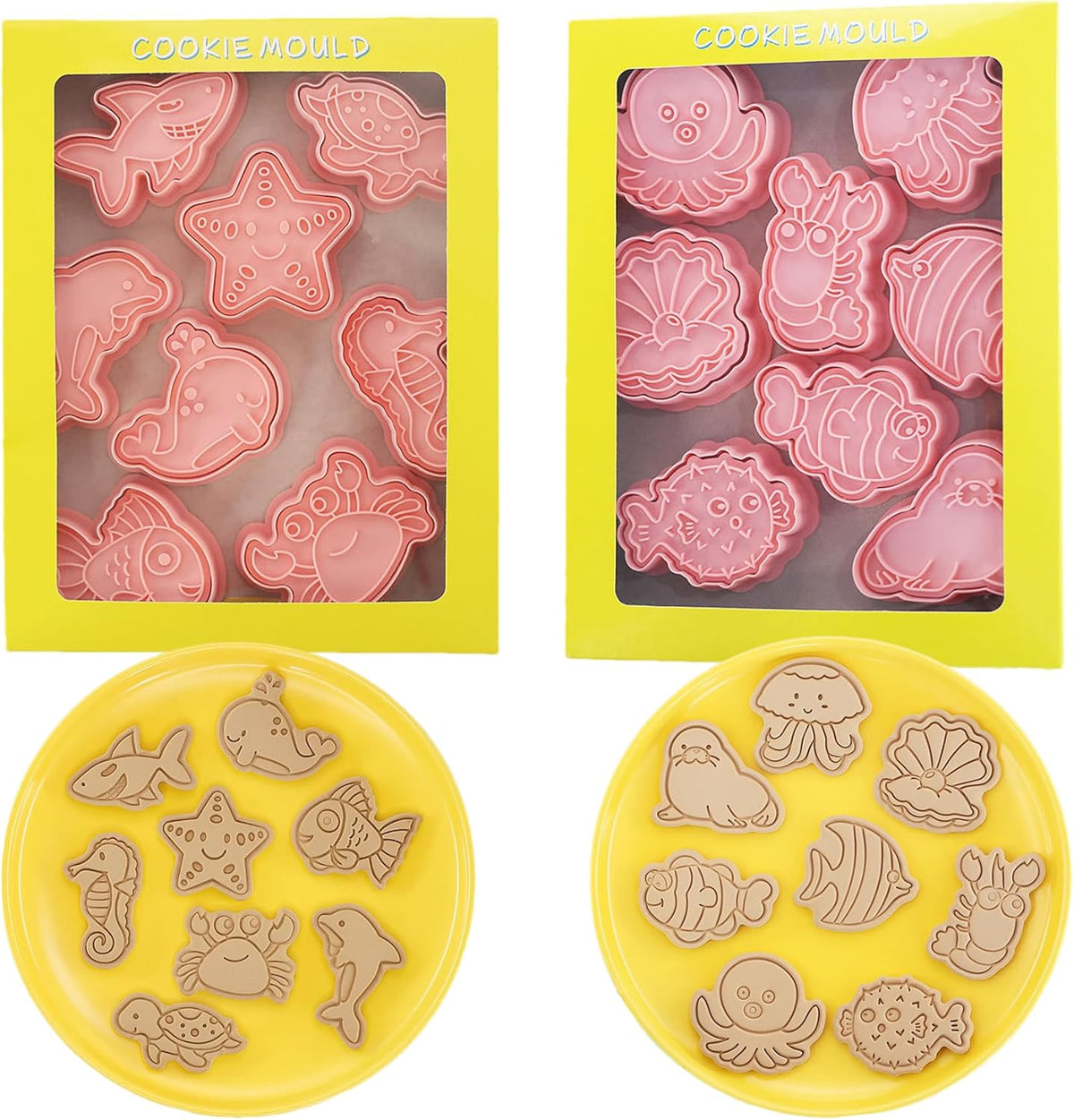 16Pcs Ocean Animal Cookie Cutters with Plunger Stamps Set, Fish, Dolphin, Starfish Plastic Biscuit Cutters