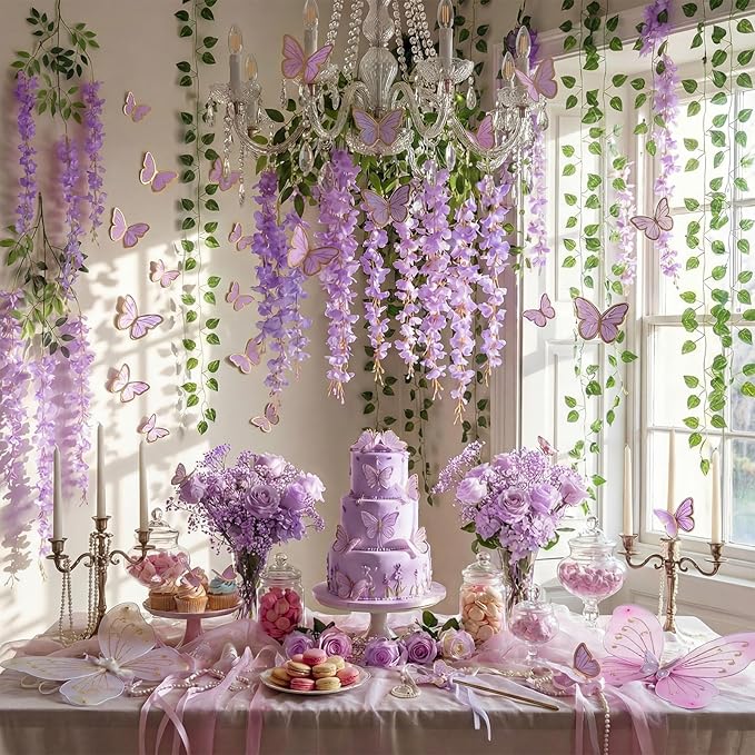 Canlierr 58 Pcs Fairy Party Garland Decoration Artificial Wisteria Hanging Flowers Garland 3.6 Feet Vine Rattan Ivy Greenery Butterfly Decor for Spring Home Garden Wedding Party (Purple)