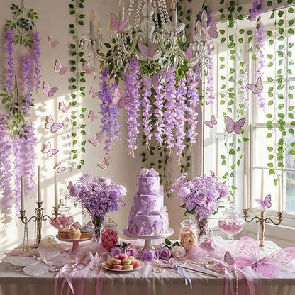 Canlierr 58 Pcs Fairy Party Garland Decoration Artificial Wisteria Hanging Flowers Garland 3.6 Feet Vine Rattan Ivy Greenery Butterfly Decor for Spring Home Garden Wedding Party (Purple)