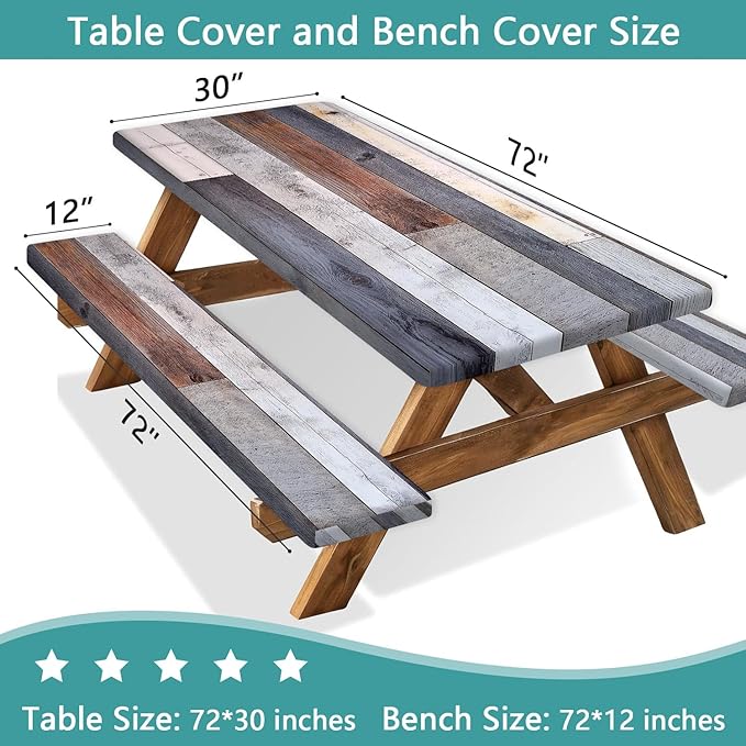 Picnic Table Cover with Bench Covers Rustic Farmhouse Waterproof Windproof Fitted Outdoor Patio Camping Rectangle Tablecloth 72x30 Inch Elastic Edges