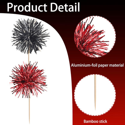 40 PCS Foil Firework Cupcake Toppers Sparkle Tinsel Cupcake Picks Fireworks Birthday Party Decorations Cocktail Fruit Toothpick for Birthday Wedding Graduation Party Decorations Supplies Black Red