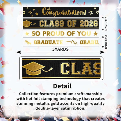 4 Pack Graduation Ribbon Class of 2026, Gold Foil Satin Ribbon for Graduation Decorations, 20 Yards Total with 3/8" & 7/8" Width, for Hair Bow Accessory and Gift Wrapping