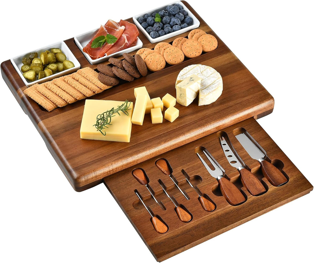 Shanik Large Acacia Wood Charcuterie Board Set with 3 Removable Ceramic Bowls & Serving Utensils - Housewarming, Wedding, Bridal Shower