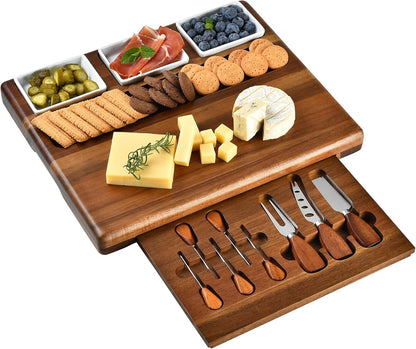 Shanik Large Acacia Wood Charcuterie Board Set with 3 Removable Ceramic Bowls & Serving Utensils - Housewarming, Wedding, Bridal Shower