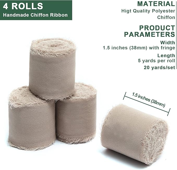 4 Rolls Nude Handmade Fringe Chiffon Silk Ribbon 1.5" W x 5Yd Per Roll,Frayed Edges Ribbon Set for Gifts Wrapping,Wedding Invitations,Bouquets,DIY Crafts (1.5" x20Yd, Nude)