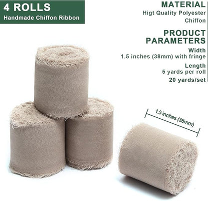 4 Rolls Nude Handmade Fringe Chiffon Silk Ribbon 1.5" W x 5Yd Per Roll,Frayed Edges Ribbon Set for Gifts Wrapping,Wedding Invitations,Bouquets,DIY Crafts (1.5" x20Yd, Nude)
