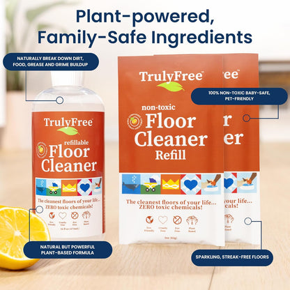 Truly Free Floor Cleaner Kit - Plant-Based Mopping Solution (16oz Reusable Empty Bottle + Two Pouches, 3oz ea.) - DIY All-Surface Cleaner for Hardwood, Tile, Wood & Concrete