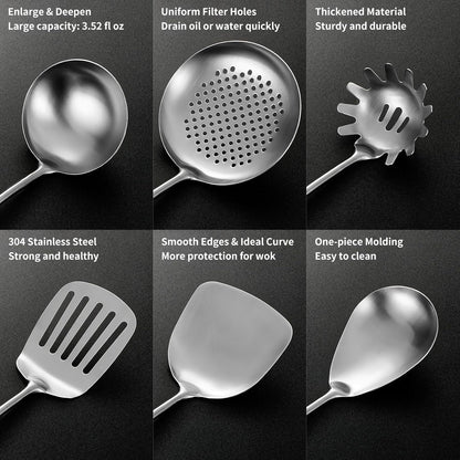 Stainless Steel Kitchen Utensils Set with Wood Handle, 18/10 Metal Cooking Utensils Set, 10-Piece - Spatula, Spoon, Ladle, Skimmer, Slotted Turners, Pasta Server, Fork, Masher(Dishwasher Safe)