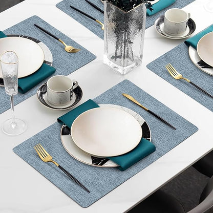 Faux Leather Heat Resistant Placemats Set of 6 – Waterproof Oilproof Wipeable Dining PU Vinyl Place Mat Easy Clean Table Mats for Kitchen/Dining/Party/Holiday, Blue