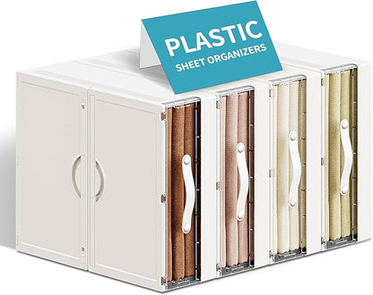 Plastic Bed Sheet Organizers and Storage 4 Pack Sheet Set Storage Organizer, Foldable Linen Closet Organizer with Window, Lockable Storage Bins for for Bedding Sheets, Duvet Covers, Blankets