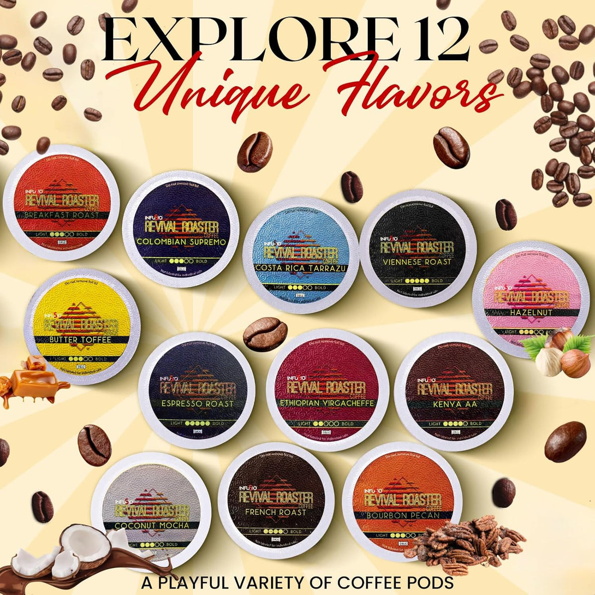 InfuSio Coffee Pods Variety Pack – 96 Count, 12 Crafted Medium & Dark Roast Blends and Artisan-Inspired Flavors Like Bourbon Pecan & Butter Toffee