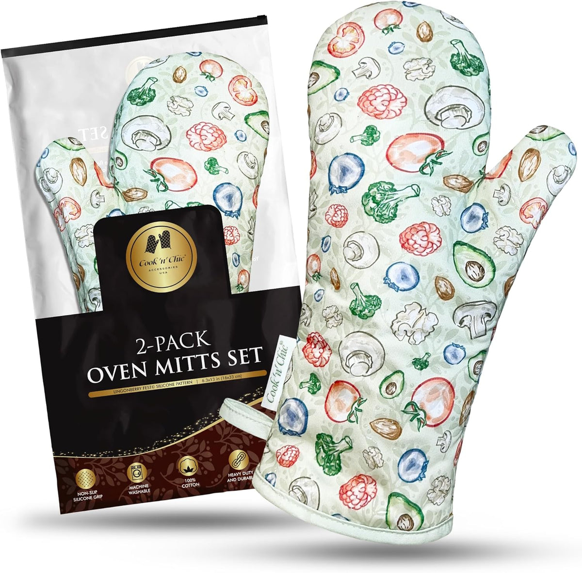 Premium Green Oven Mitts - Stylish and Heat-Resistant - Non-Slip Platinum Silicone Grip - Long and Thick