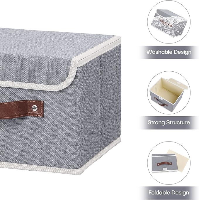 ANMINY 2PCS Storage Bins with Lid PU Leather Handles Storage Boxes PP Plastic Board Decorative Foldable Lidded Cotton Linen Fabric Home Cubes Baskets Closet Organizer Containers - Gray, Small Size
