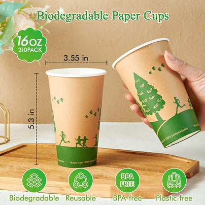 ECOLipak 210 Count 16 oz Paper Cups, 100% Compostable Paper Coffee Cups with PLA Lined, Disposable Biodegradable Hot Paper Cups for Party, Picnic