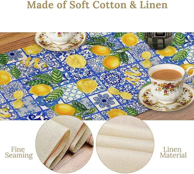 Tiles Lemon Table Runner Blue White Yellow Vintage Rustic Summer Fruit Chic Farmhouse Dining Table Decoration for Home Holiday Party Dresser Kitchen Cabin Restaurant Wedding Decor 13×90in