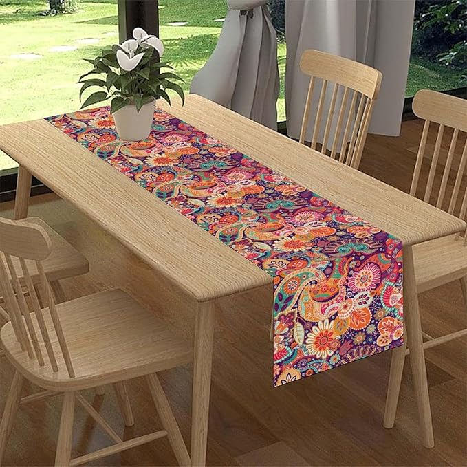 Purple Paisley Table Runner, Rustic Damask Antique Floral Flower Retro Boho Mandala Indian Bohemian Vintage Table Center Decor for Family Kitchen and Living Room Country Table Decorations, 13" X 90"